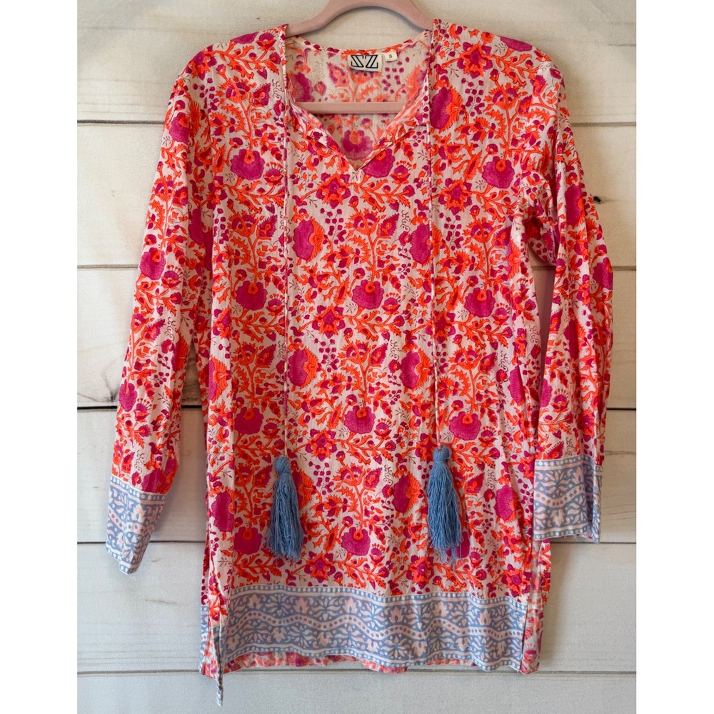 SZ Blockprints Pink Orange Floral Cotton Tunic Top Tassel Tie Small